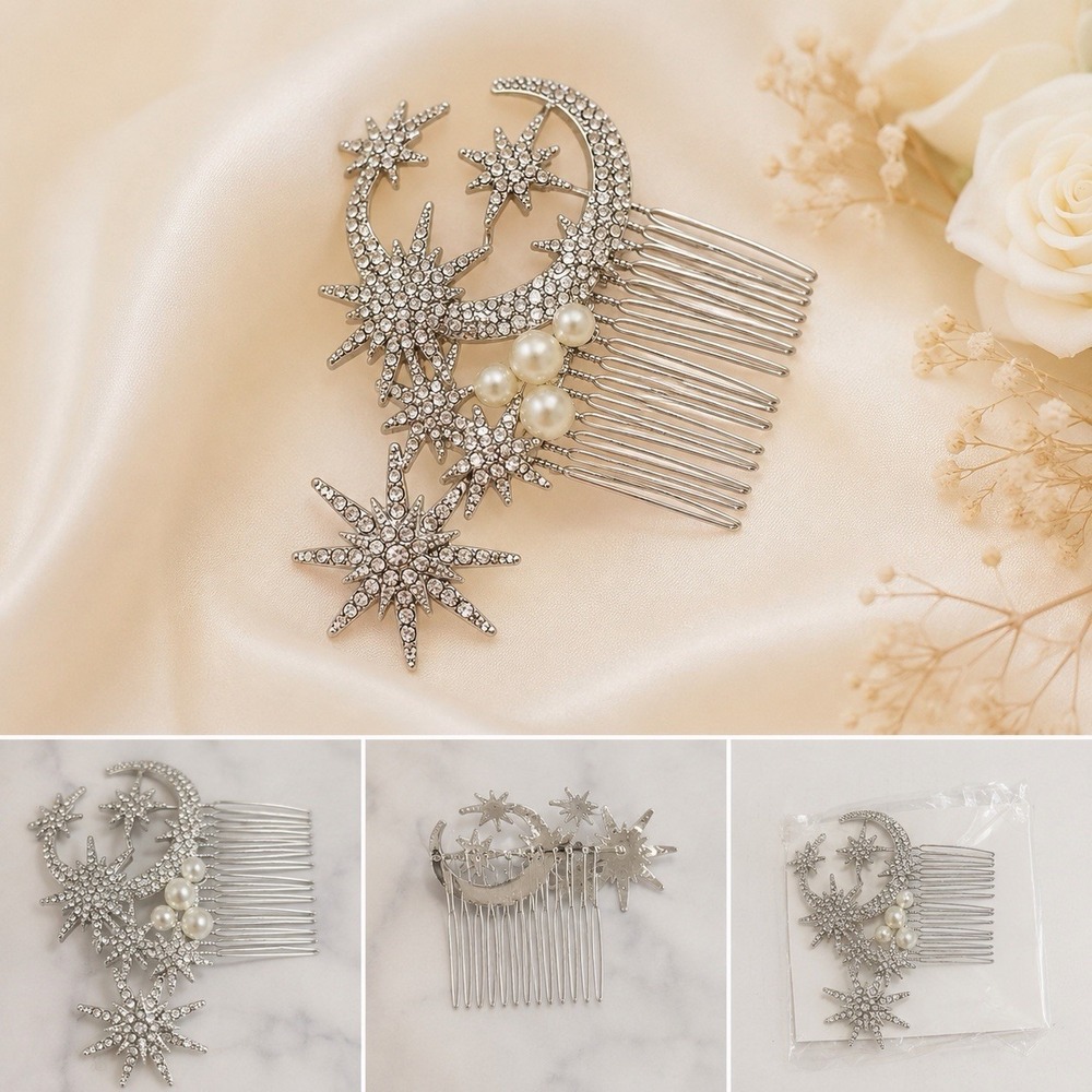 Celestial Moon & Stars Rhinestone‎ Hair Comb Silver Tone Pearl Bridal Prom